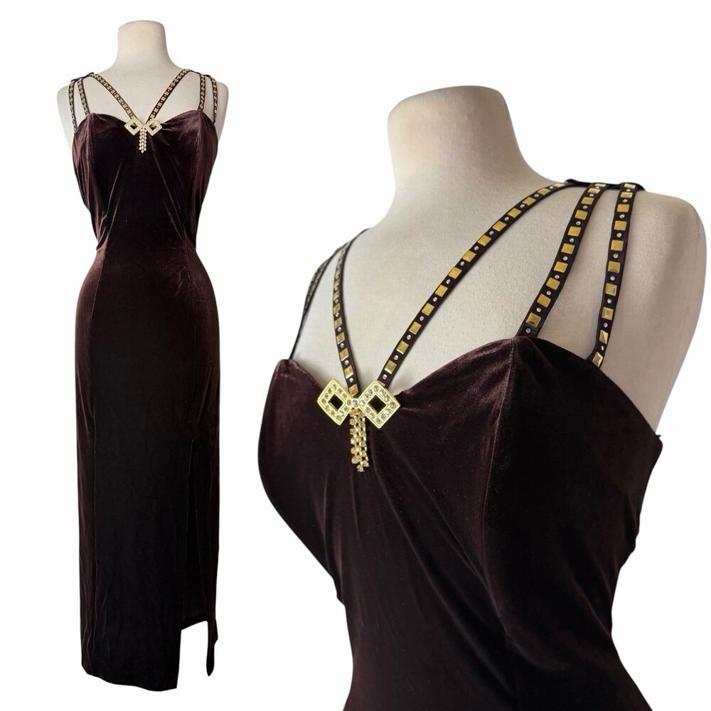 VTG Brown Velvet Maxi Dress Studded Straps 90s Y2K Whimsigoth Slit Gown Prom XL